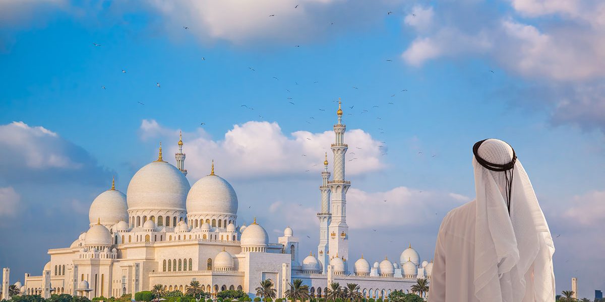Arabian Men Watching Sheikh Zayed Grand Mosque Abu Dhabi